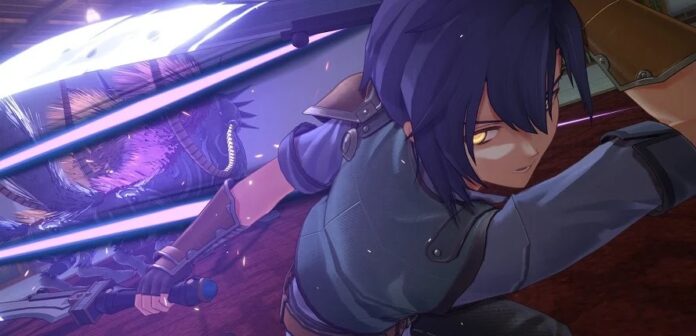 ภาพตัวละครจากเกมของ Nihon Falcom กำลังเหวี่ยงอาวุธในฉากแอ็กชันที่มีเอฟเฟกต์แสงสีม่วง