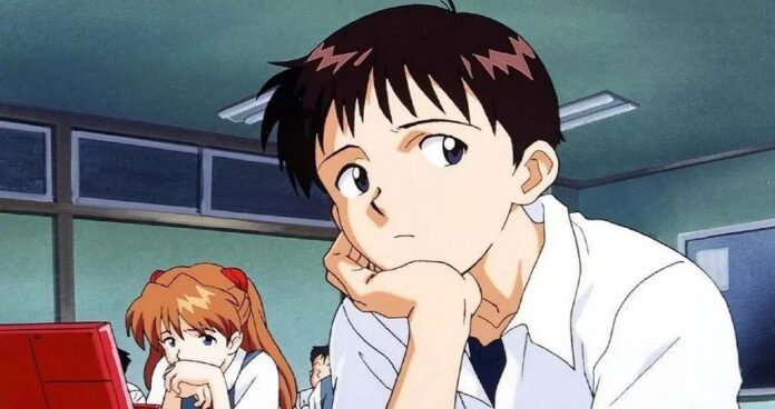 Shinji Ikari ตัวเอกจาก Neon Genesis Evangelion นั่งเหม่อในห้องเรียน ขณะที่ Asuka Langley Soryu แสดงสีหน้าหงุดหงิดอยู่ด้านหลัง
