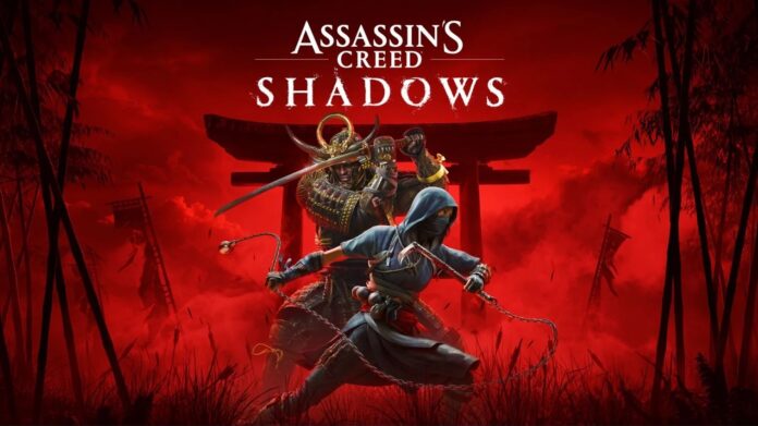 ภาพโปรโมตเกม Assassin’s Creed Shadows แสดงตัวละครนักรบซามูไรและนินจาในฉากหลังโทนสีแดง พร้อมโลโก้ชื่อเกมอยู่ด้านบนของภาพ