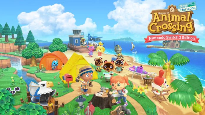 ภาพโปรโมตเกม Animal Crossing: New Horizons – Nintendo Switch 2 Edition แสดงตัวละครหลักและชาวบ้านรวมตัวกันบนเกาะ พร้อมโลโก้เกมด้านบน