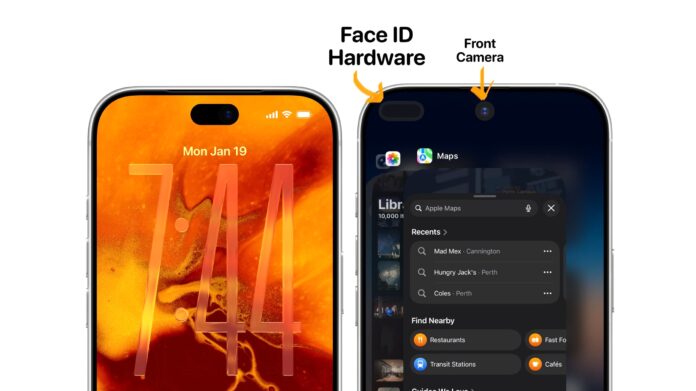 ภาพเรนเดอร์เปรียบเทียบหน้าจอ iPhone 18 Pro แสดงตำแหน่งฮาร์ดแวร์ Face ID และกล้องหน้า พร้อมแนวคิด Dynamic Island ที่แคบลงจากการซ่อนเซนเซอร์ใต้จอ