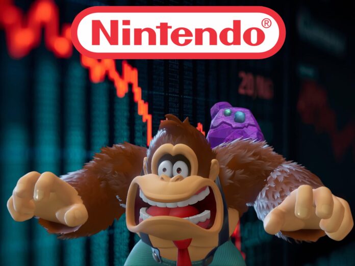 Donkey Kong ยืนอยู่หน้ากราฟหุ้น Nintendo ที่กำลังร่วงลง สื่อถึงความกังวลของนักลงทุนต่อสถานการณ์หุ้นและอนาคต Switch 2