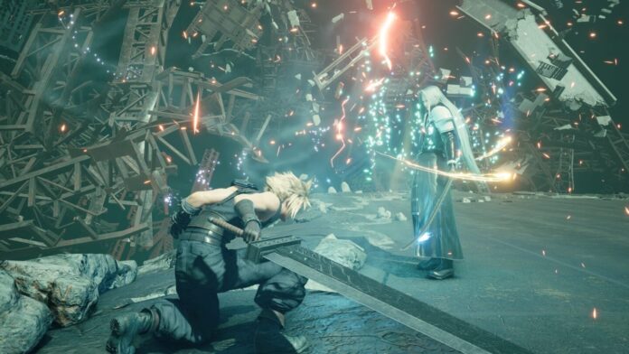 ฉากต่อสู้ในเกม Final Fantasy VII Remake Intergrade แสดง Cloud Strife กำลังปะทะศัตรูด้วยเอฟเฟกต์เวทมนตร์และแสงประกายท่ามกลางฉากเมืองที่พังทลาย