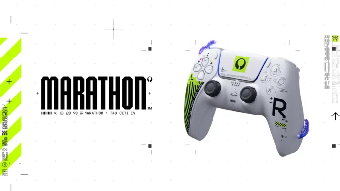 คอนโทรลเลอร์ไร้สาย DualSense – Marathon Limited Edition ดีไซน์พิเศษธีมเกม Marathon บนพื้นหลังสีขาว