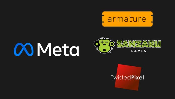 โลโก้ Meta พร้อมโลโก้ของ Armature Studio, Sanzaru Games และ Twisted Pixel บนพื้นหลังสีเข้ม
