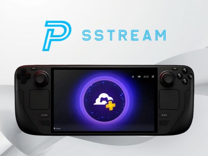 อุปกรณ์ Steam Deck แสดงหน้าจอแอป PSStream สำหรับสตรีมเกม PlayStation โดยมีโลโก้ PSStream ปรากฏอยู่ด้านบนของภาพ