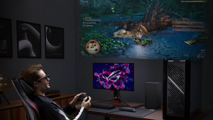 แว่นตา AR ROG XREAL R1 ใช้งานเล่นเกมบนพีซี แสดงภาพเกมเสมือนขนาดใหญ่เหนือจอจริง