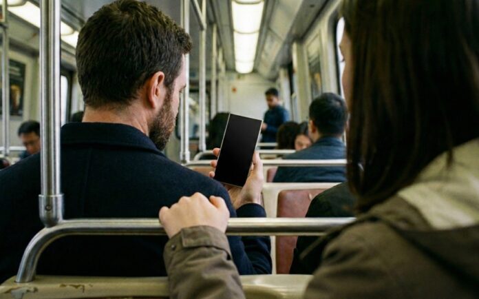 ชายใช้งานสมาร์ตโฟนบนรถไฟฟ้า ขณะมีผู้นั่งด้านหลังมองหน้าจอ สื่อถึงปัญหาการแอบมองข้อมูลส่วนตัว