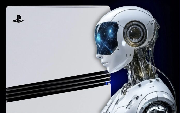 ภาพคอนเซปต์หุ่นยนต์ AI ลักษณะคล้ายมนุษย์ยืนอยู่ข้างเครื่องเล่นเกม PlayStation สื่อถึงแนวคิด AI Ghost ผู้ช่วย NPC อัจฉริยะ