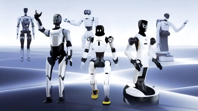 หุ่นยนต์ฮิวแมนนอยด์หลายรุ่นยืนจัดแสดงในฉากสตูดิโอ สะท้อนศักยภาพด้านการออกแบบและเทคโนโลยีหุ่นยนต์อัจฉริยะ