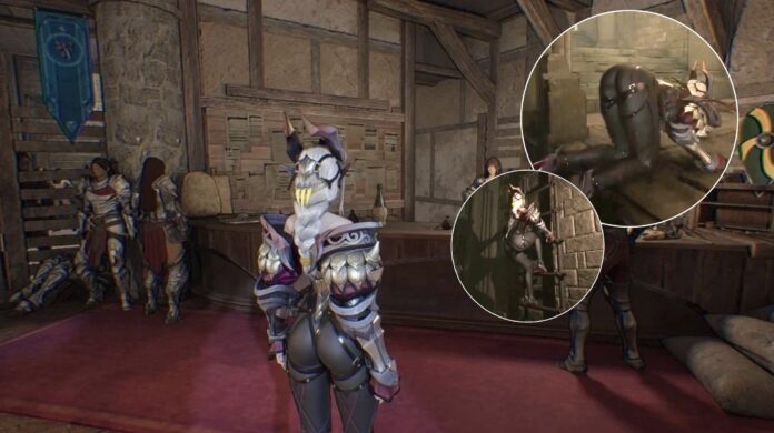 ตัวอย่างฉากในเกม NIGHTIN CAGE แสดงตัวละครเอกหญิงในชุดแฟนตาซีภายในอาคารไม้ พร้อมวงขยายเน้นท่าแอนิเมชันช่วงการเคลื่อนไหวและการปีนบันไดที่กลายเป็นกระแสไวรัลบนโซเชียล