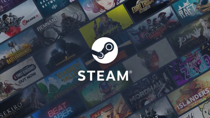 โลโก้ Steam อยู่กึ่งกลางภาพ บนพื้นหลังที่เป็นภาพปกเกมหลากหลายแนวจากแพลตฟอร์ม Steam เรียงต่อกันเป็นตาราง