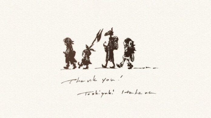 ภาพเงาตัวละครจาก Final Fantasy IX ที่ออกแบบโดย Toshiyuki Itahana พร้อมลายเซ็นและข้อความขอบคุณ