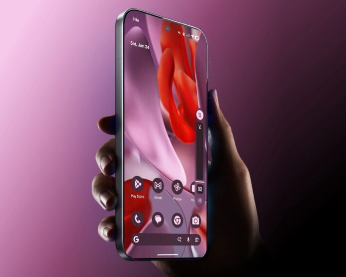 สมาร์ตโฟน Android แสดงหน้าจออินเทอร์เฟซ Android 17 ที่มีแผงควบคุมแบบโปร่งใส พร้อมปุ่มลัดและเอฟเฟกต์เบลอ บนพื้นหลังโทนสีชมพูม่วง