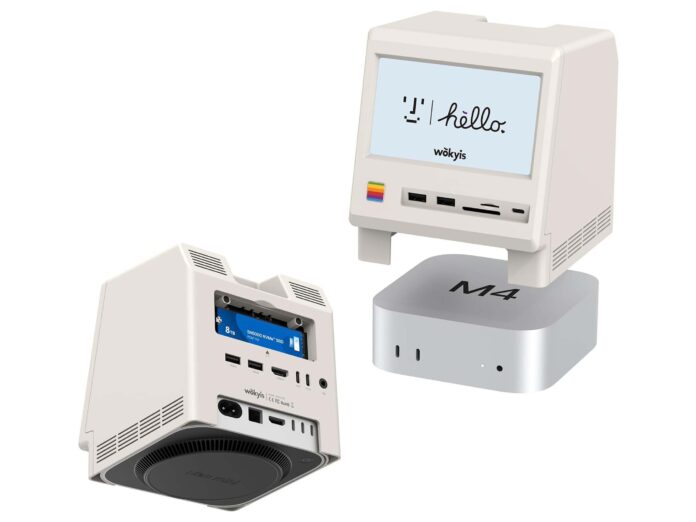 แท่นเชื่อมต่อ Wokyis M5 Dock สำหรับ Mac Mini ดีไซน์ย้อนยุคสไตล์ Macintosh รองรับ Thunderbolt 5 พร้อมสล็อต SSD M.2 และหน้าจอในตัวขนาด 5 นิ้ว