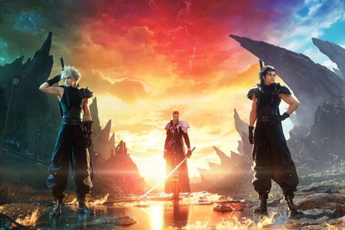ตัวละครหลักจาก Final Fantasy VII Rebirth ยืนอยู่ท่ามกลางสมรภูมิแฟนตาซี แสดง Cloud Strife, Sephiroth และ Zack Fair