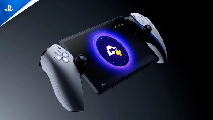 ภาพอุปกรณ์ PlayStation Portal พร้อมหน้าจอแสดงผลในโทนสีม่วง พื้นหลังสีดำ
