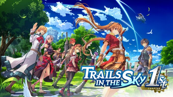 ภาพโปรโมตเกม Trails in the Sky 1st Chapter แสดงตัวละครหลักยืนรวมกันบนทุ่งหญ้าใต้ท้องฟ้าสีคราม