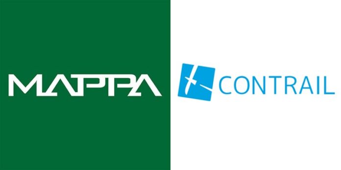 โลโก้ MAPPA พื้นหลังสีเขียวอยู่ด้านซ้าย และโลโก้ Studio Contrail พื้นหลังสีขาวอยู่ด้านขวา