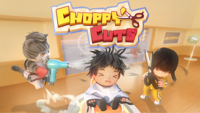 ภาพโปรโมตเกม Choppy Cuts ตัวละครกำลังตัดผมในร้านสุดวุ่นวาย