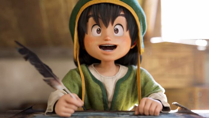 ภาพตัวละครจาก Dragon Quest VII Reimagined กำลังนั่งเขียนหนังสือด้วยปากกาขนนกบนโต๊ะ