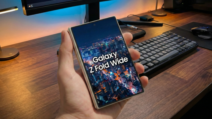 Galaxy Z Fold Wide โชว์หน้าจอกว้างในมือผู้ใช้ บนโต๊ะทำงานพร้อมคีย์บอร์ดและจอมอนิเตอร์ด้านหลัง