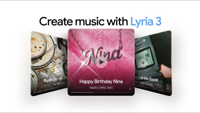 ภาพโปรโมต Gemini สร้างเพลงด้วย Lyria 3 พร้อมตัวอย่างแทร็ก “Happy Birthday Nina” บนหน้าจอแอป