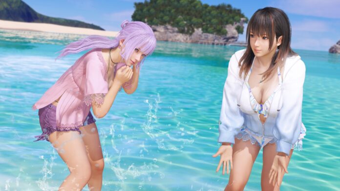 ภาพตัวละครหญิงจากเกม Dead or Alive Xtreme ยืนเล่นน้ำทะเลใสริมชายหาด บรรยากาศสดใส