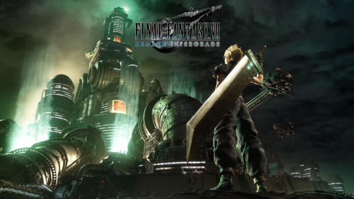 ภาพโปรโมต Final Fantasy VII Remake แสดงตัวละคร Cloud Strife ยืนถือดาบ Buster Sword มองไปยังเมือง Midgar