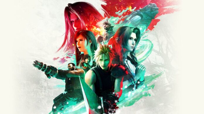 ภาพอาร์ตโปรโมตเกม Final Fantasy VII Rebirth มีตัวละคร Cloud, Tifa, Aerith และ Sephiroth จัดวางซ้อนกันบนพื้นหลังสีขาว พร้อมเอฟเฟกต์โทนแดงและเขียว