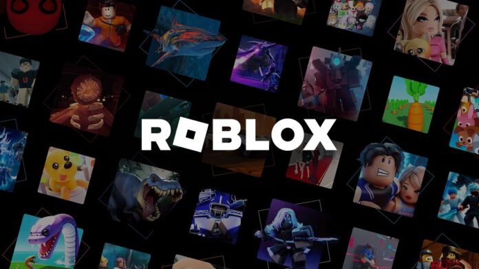 โลโก้ Roblox บนพื้นหลังรวมภาพตัวละครและประสบการณ์ภายในแพลตฟอร์ม