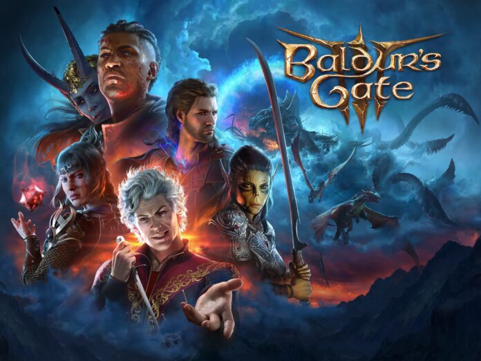 ภาพโปรโมต Baldur’s Gate แสดงตัวละครหลักหลาย ด้านหลังเป็นฉากเวทมนตร์และการผจญภัย