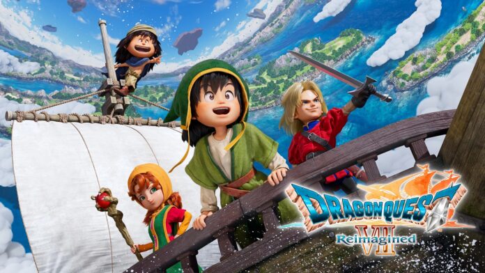 ภาพตัวละครหลักจาก Dragon Quest VII: Reimagined ยืนอยู่บนเรือ พร้อมฉากท้องฟ้าและเกาะต่าง ๆ ในสไตล์งานอาร์ตสดใสของเกม