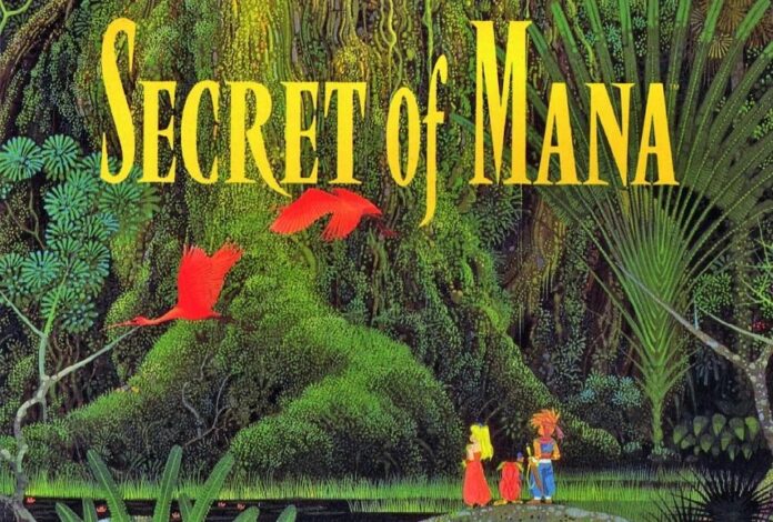 ภาพหน้าปก Secret of Mana แสดงโลโก้เกมสีเหลืองเหนือป่าขนาดใหญ่ มีตัวละครยืนอยู่ด้านล่าง