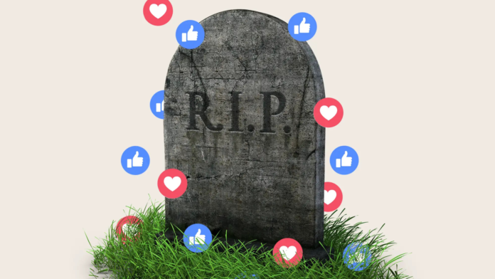 หลุมศพสลักคำว่า R.I.P. รายล้อมด้วยไอคอนไลก์และหัวใจโซเชียลมีเดีย
