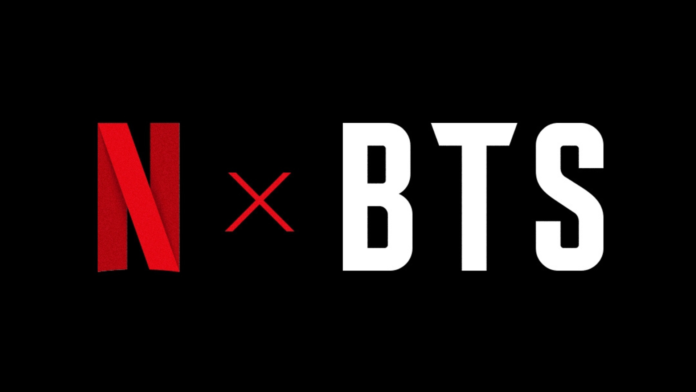 โลโก้ Netflix x BTS บนพื้นหลังสีดำ สื่อถึงการคอลแลบและอีเวนต์คัมแบ็กของ BTS บนแพลตฟอร์ม Netflix