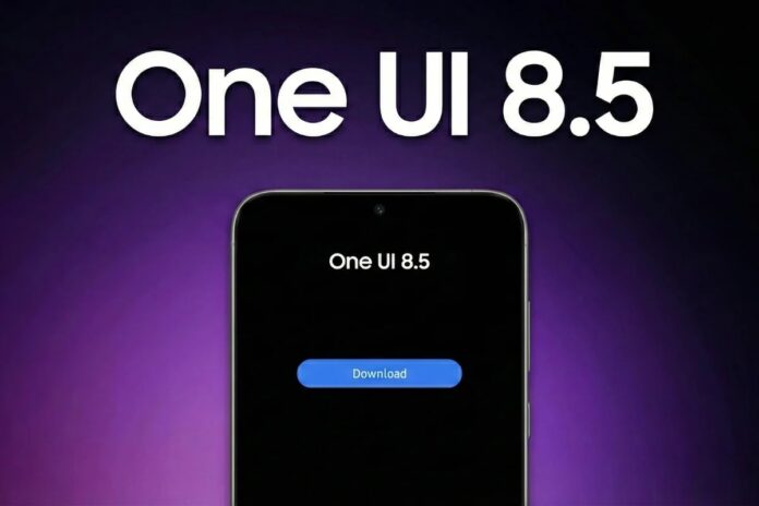 ภาพหน้าจอสมาร์ตโฟนแสดงข้อความ One UI 8.5 บนพื้นหลังสีม่วง