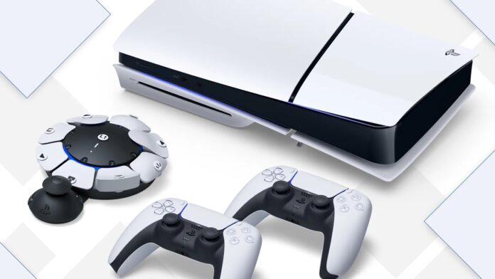 เครื่อง PlayStation 5 พร้อมคอนโทรลเลอร์ DualSense วางอยู่บนพื้นสีขาว