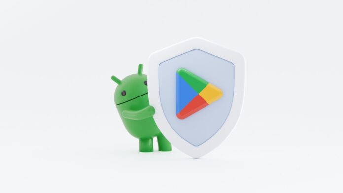 หุ่น Android พร้อมโล่ Google Play สื่อถึงมาตรการความปลอดภัยของ Google