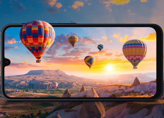 หน้าจอสมาร์ตโฟนแสดงภาพบอลลูนลมร้อนหลายลูกลอยเหนือภูมิประเทศยามพระอาทิตย์ขึ้น