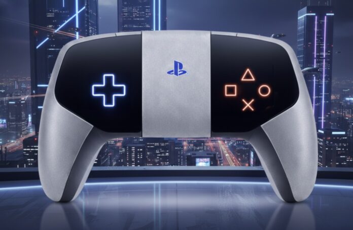 คอนเซปต์คอนโทรลเลอร์ PlayStation สำหรับ PS6 จากสิทธิบัตร Sony ที่ตัดปุ่มกดและอนาล็อกออกทั้งหมด ใช้การควบคุมแบบสัมผัสล้วน พร้อมสัญลักษณ์ปุ่ม PlayStation แสดงบนพื้นผิวตัวเครื่อง