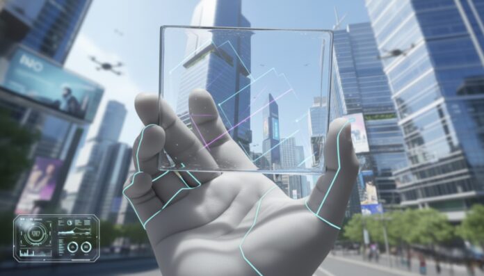 มือมนุษย์วัตถุโปร่งใสที่ฝังเทคโนโลยีโซลาร์เซลล์ ท่ามกลางฉากเมืองสมัยใหม่และตึกสูง