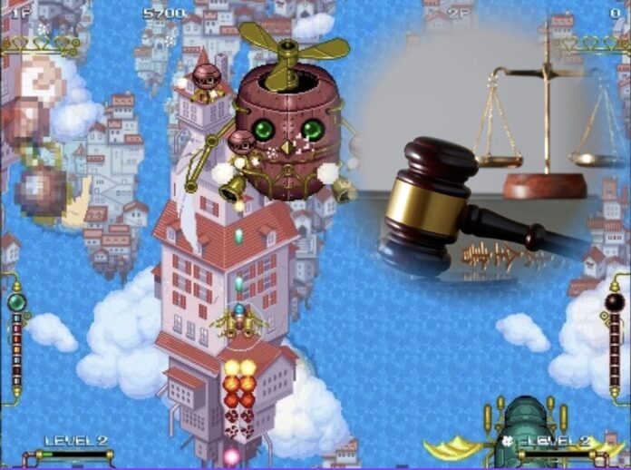 ภาพฉากจากเกม Steam Pilots แสดงยานบินสไตล์สตีมพังก์ลอยอยู่เหนือเมืองแนวแฟนตาซี พร้อมสัญลักษณ์ค้อนผู้พิพากษาและตาชั่ง สื่อถึงประเด็นคดีความและการตัดสินของศาล