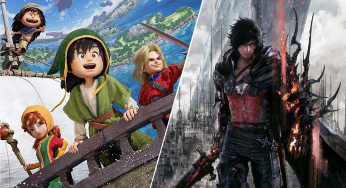 ตัวละครจากเกม Dragon Quest VII Reimagined ทางซ้าย และตัวละครหลักจากเกม Final Fantasy VI ทางขวา แสดงแบบภาพเปรียบเทียบสองฝั่ง