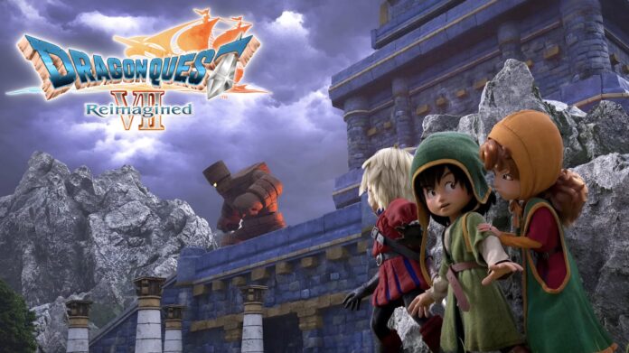 ตัวละครเอกใน Dragon Quest VII Reimagined หลบมอนสเตอร์อยู่หน้าซากเมืองหินโบราณ