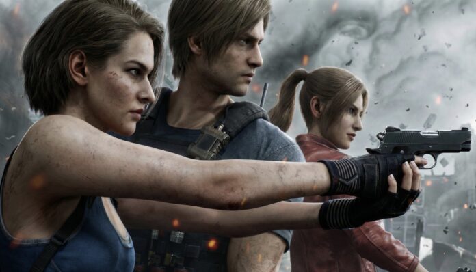 ตัวละคร Jill, Leon และ Claire จาก Resident Evil กำลังถืออาวุธเตรียมต่อสู้ในฉากแอ็กชัน