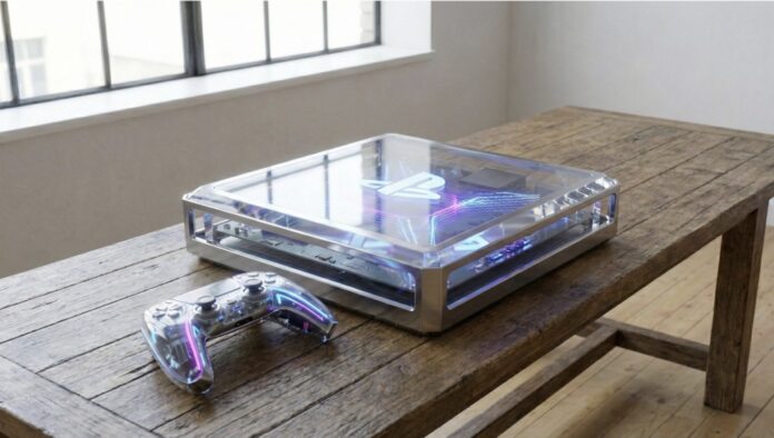 เครื่อง PlayStation โปร่งใสแบบต้นแบบวางอยู่บนโต๊ะไม้ พร้อมคอนโทรลเลอร์ดีไซน์เดียวกัน