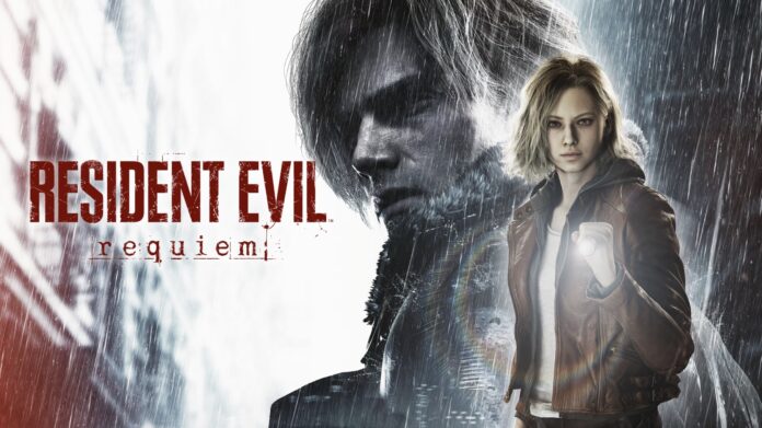 ภาพโปรโมต Resident Evil Requiem แสดงตัวละครหลักยืนท่ามกลางบรรยากาศฝนตกและโทนภาพหม่นหมอง