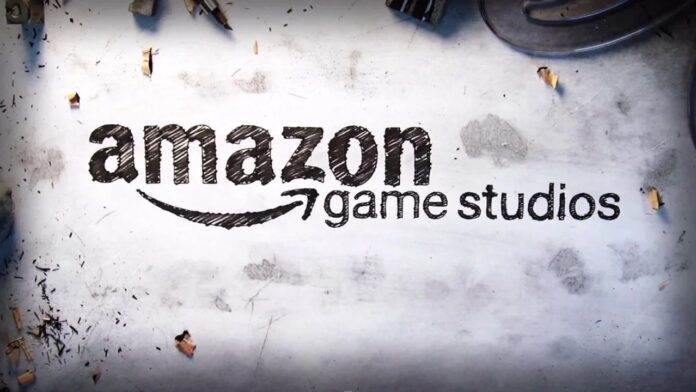 โลโก้ Amazon Game Studios บนพื้นหลังสีเทาอมขาว มีคำว่า “amazon game studios” อยู่กึ่งกลางภาพ