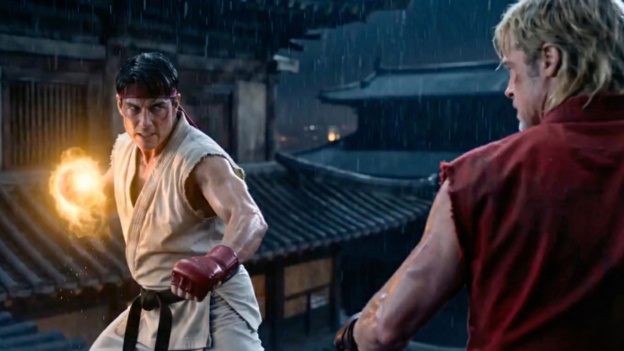 นักสู้สองคนหน้าคล้าย ทอม ครูซ และ แบรด พิตต์ เผชิญหน้ากันบนดาดฟ้ากลางสายฝน หนึ่งในนั้นกำลังปล่อยพลังไฟจากหมัด